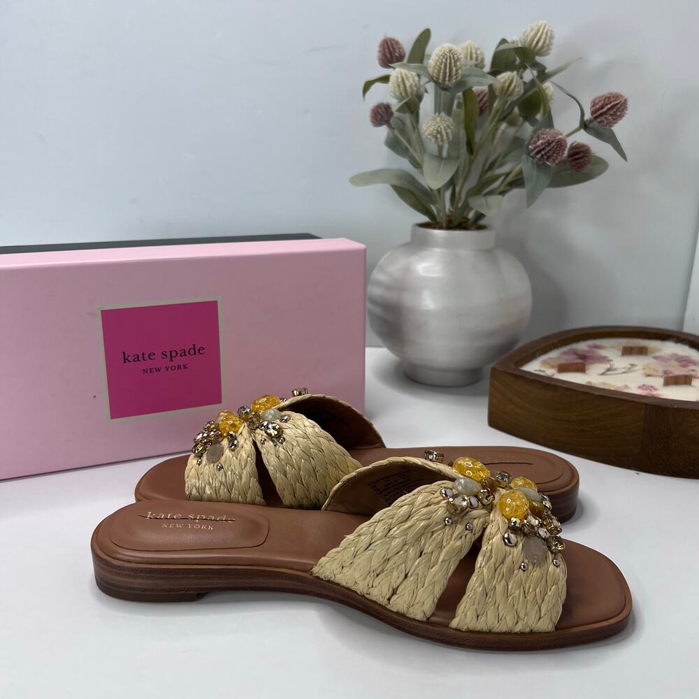 Kate Spade Dock Crystal Natural Braided Raffia Slide 10011323 Women 7B NWB - Picture 7 of 10